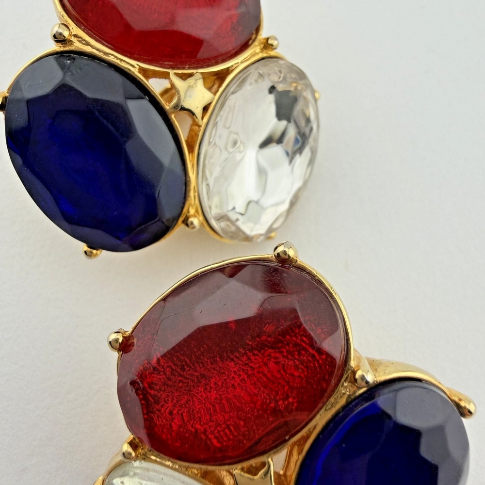 Vintage Trifari TM‎ Jewel Tone Red Blue Clear Oval Cluster Clip On Earrings